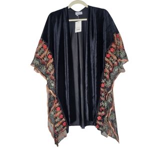 Tamsy Velvet Kimono Floral Embroidered Sleeve OS Boho Hippie Festival Whimsy